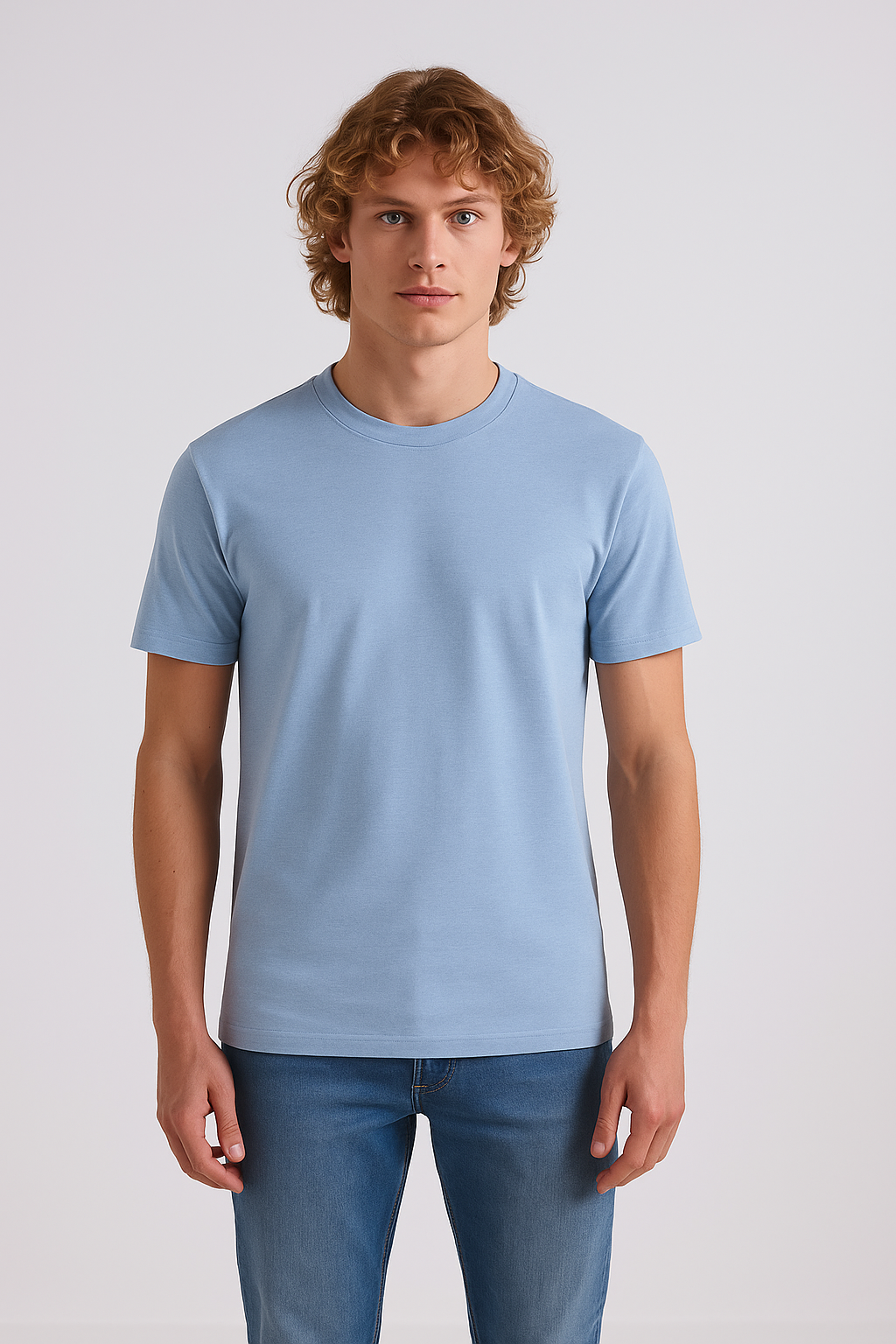 Aqua Blue Round Neck Cotton T-Shirt for Men | Short Sleeves