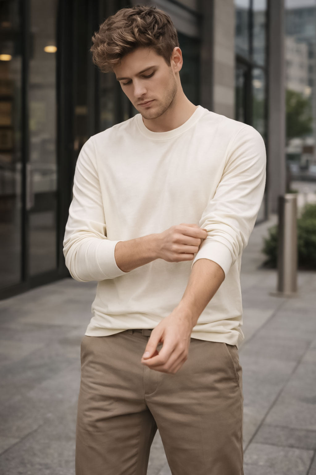 Cream Full Sleeve T-Shirt for Men and Women Premium Ribbed Cuffs