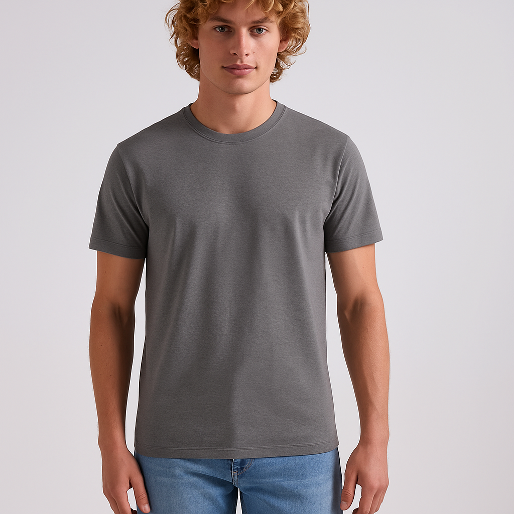Dark Grey Round Neck Cotton T-Shirt for Men | Short Sleeves