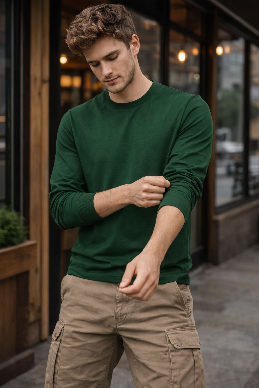 Green Full Sleeve T-Shirt for Men and Women Premium Ribbed Cuffs