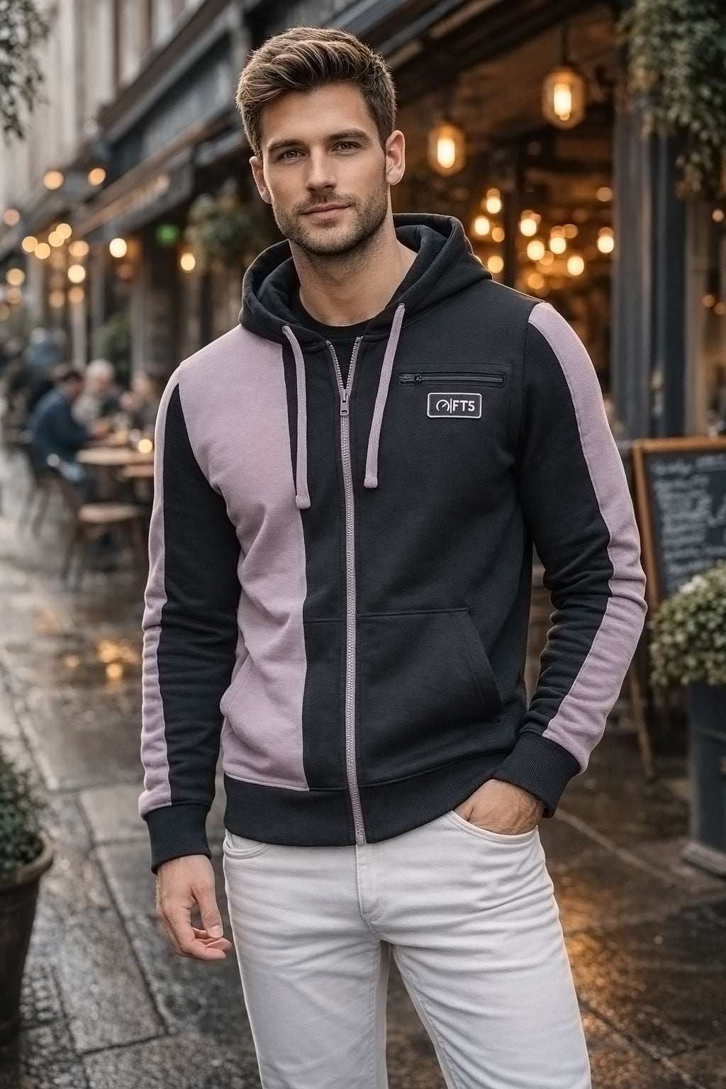 Black Mouve Panel Zip Hoodie for Men and Women - Hooded Zipper