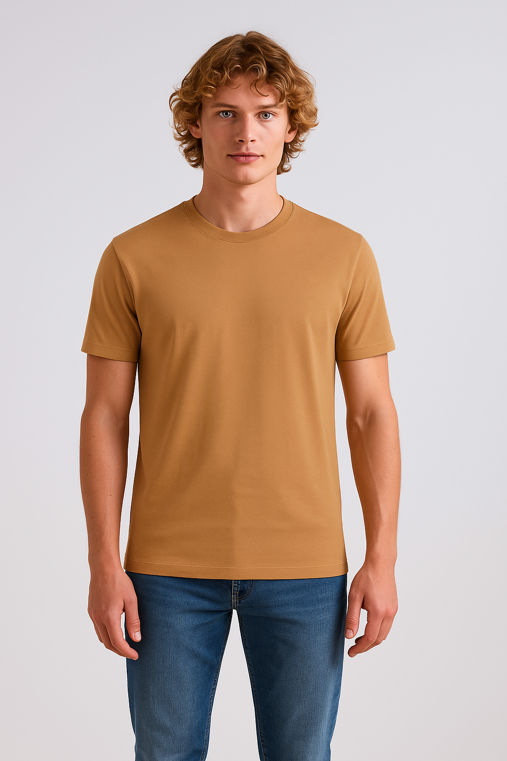 Tan Round Neck Cotton T-Shirt for Men | Short Sleeves