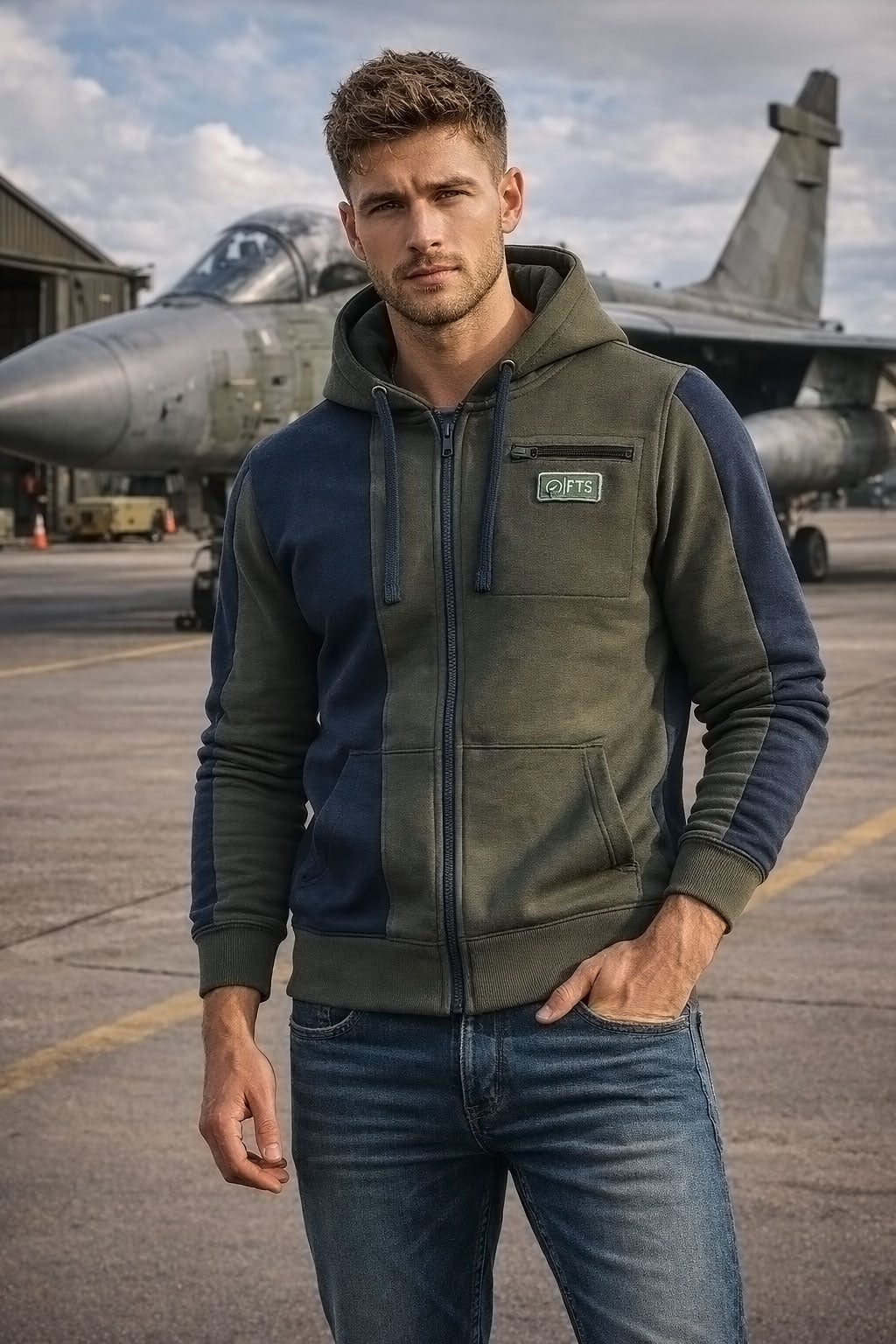 Navy Army Green Panel Zip Hoodie for Men and Women - Hooded Zipper
