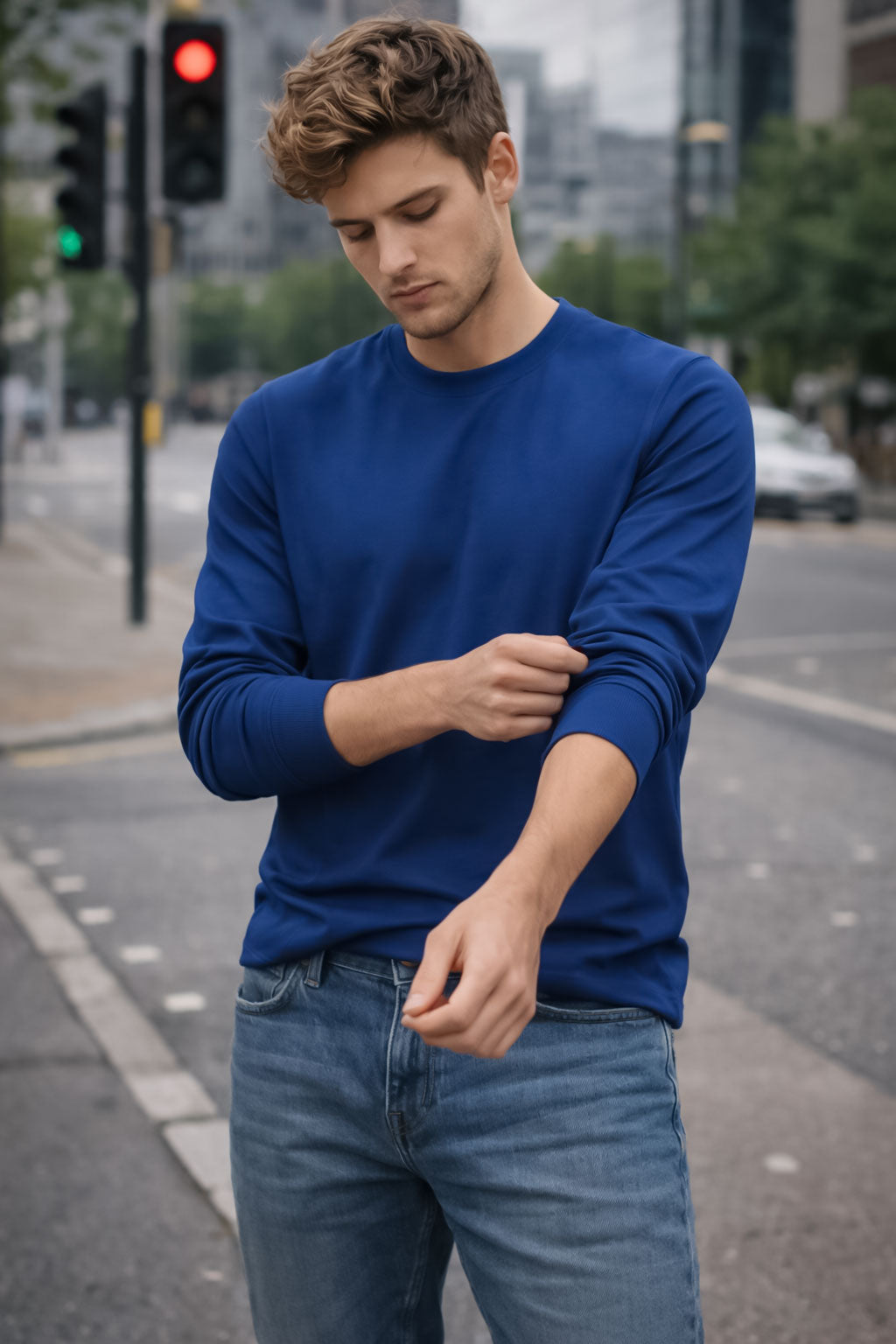 Dark Blue Full Sleeve T-Shirt for Men and Women Premium Ribbed Cuffs