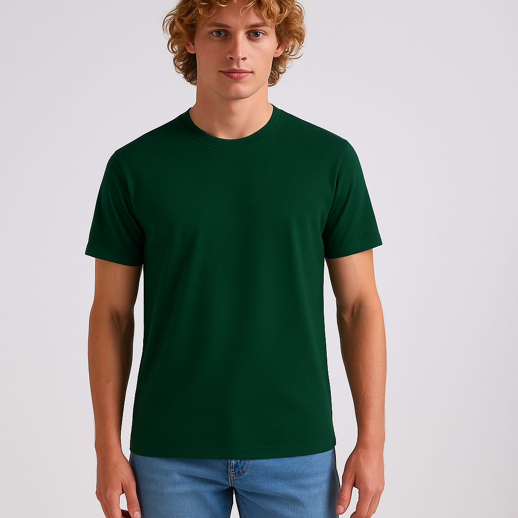 Green Round Neck Cotton T-Shirt for Men | Short Sleeves