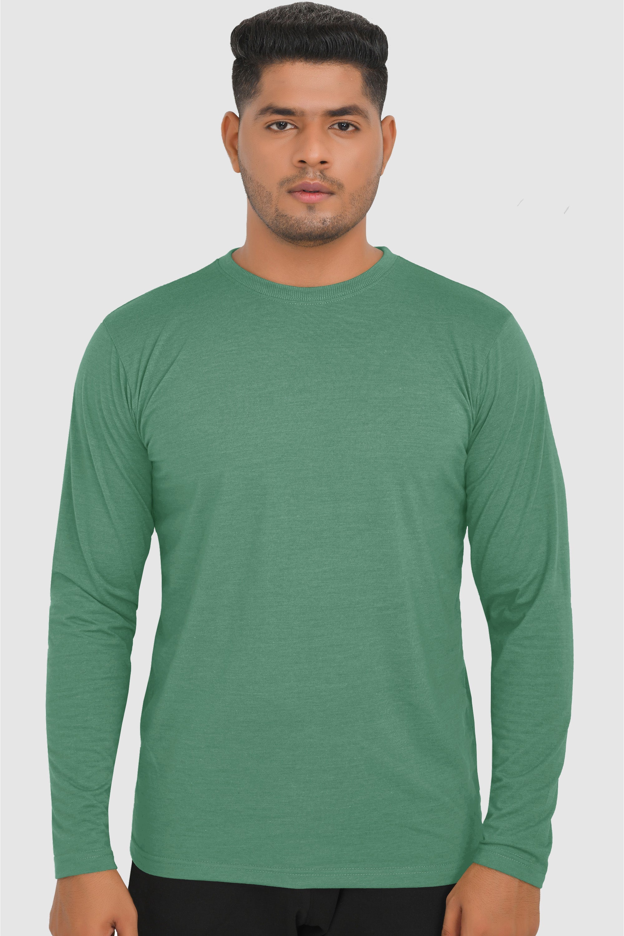 Full Sleeves T-Shirts | Green Melange Round Neck Full Sleeves Shirt