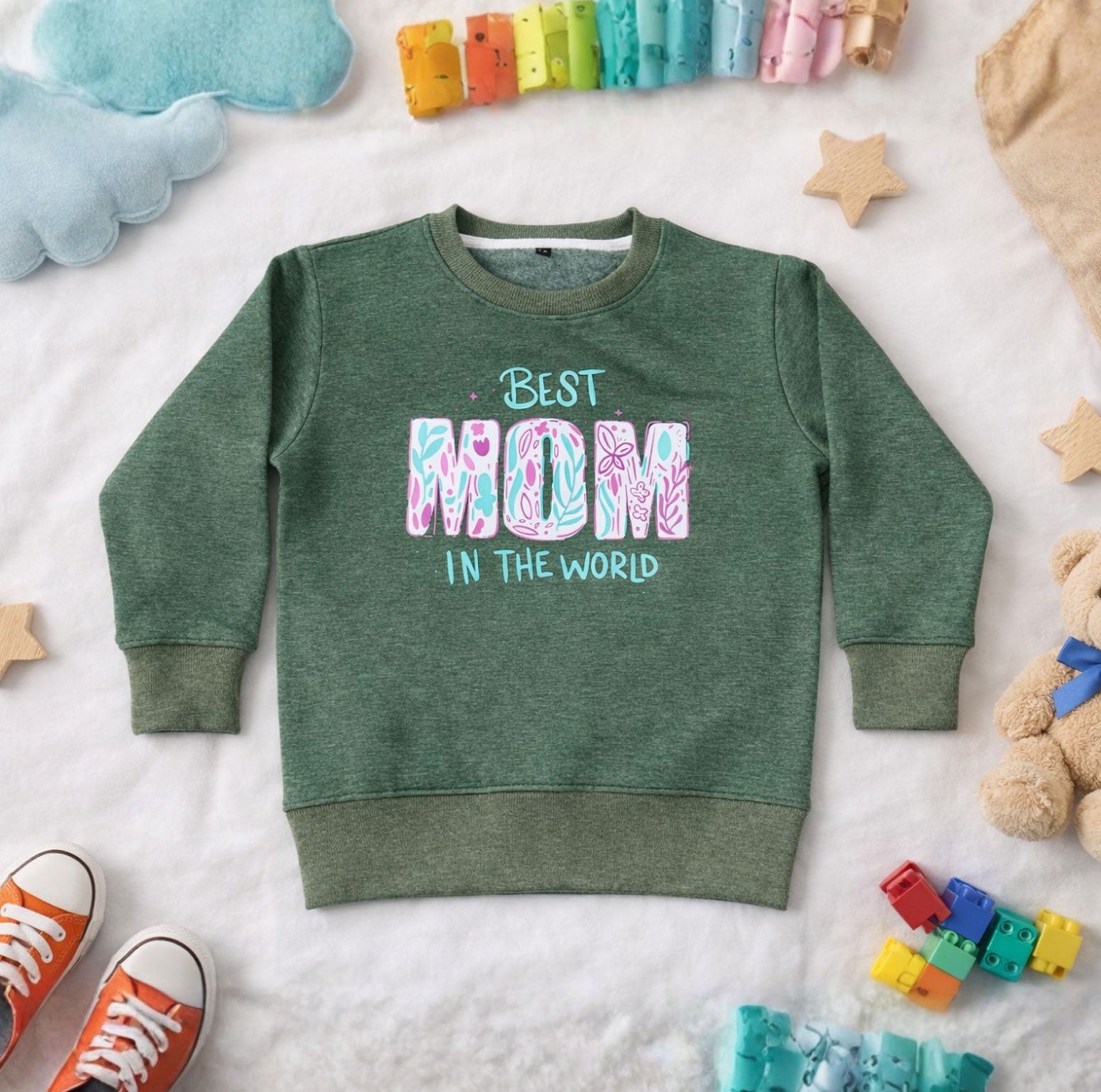 Kids Winter Sweatshirts Mom Design Green Color for Boy and Girl