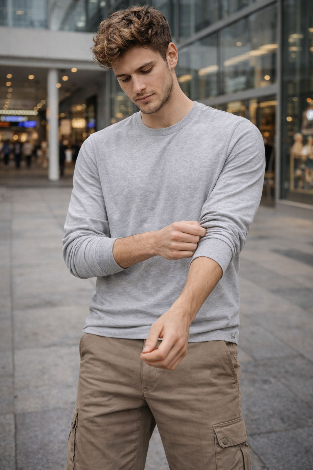 Grey Melange Full Sleeve T-Shirt for Men and Women Premium Ribbed Cuffs