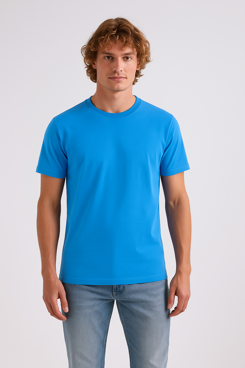 Lite Blue Round Neck Cotton T-Shirt for Men | Short Sleeves