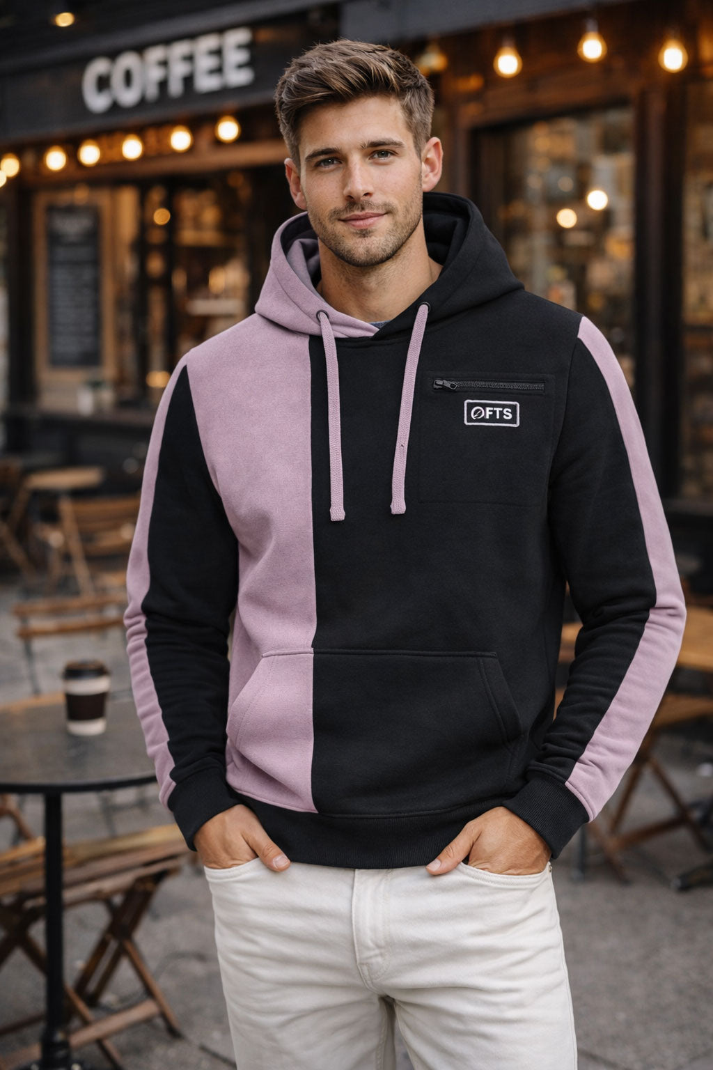 Black Mouve Panel Pullover Hoodie for men and women - Contrast Hooded Pullover