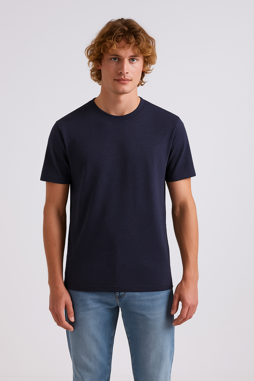 Navy Melange Round Neck Cotton T-Shirt for Men | Short Sleeves