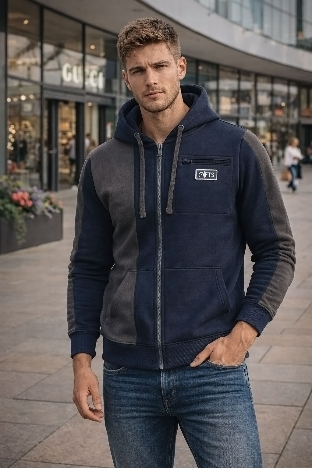 Navy Charcoal Panel Zip Hoodie for Men and Women - Hooded Zipper