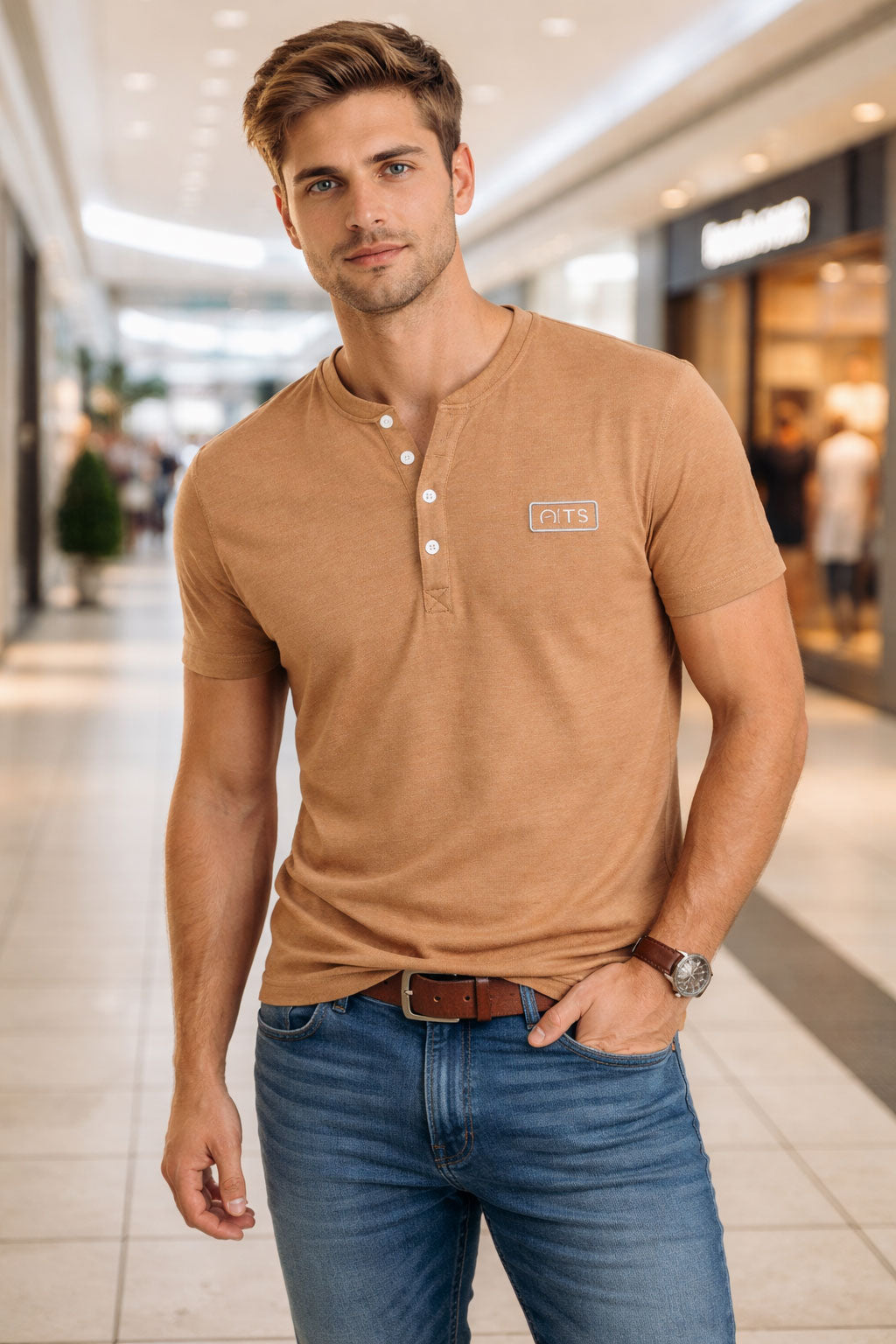 Henley Shirts | Tan Short Sleeves Henley T-Shirt