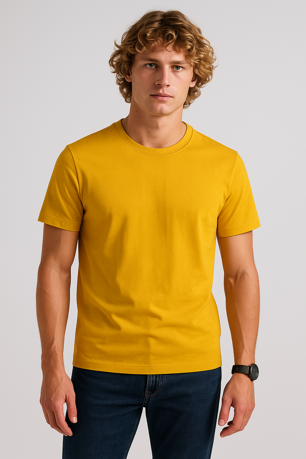 Yellow Round Neck Cotton T-Shirt for Men | Short Sleeves